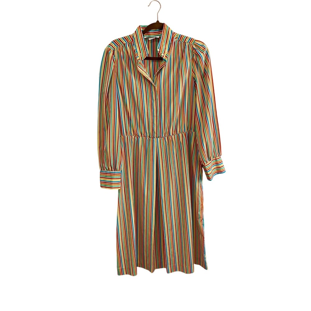 Vintage Malouf of‎ Dallas Rainbow Stripe Shirt Dress Womens 12 70s 80s Retro Mod - Picture 1 of 8